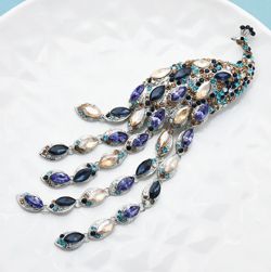 Large Peacock Crystals Brooch - Pin/Pendant - Long Movable